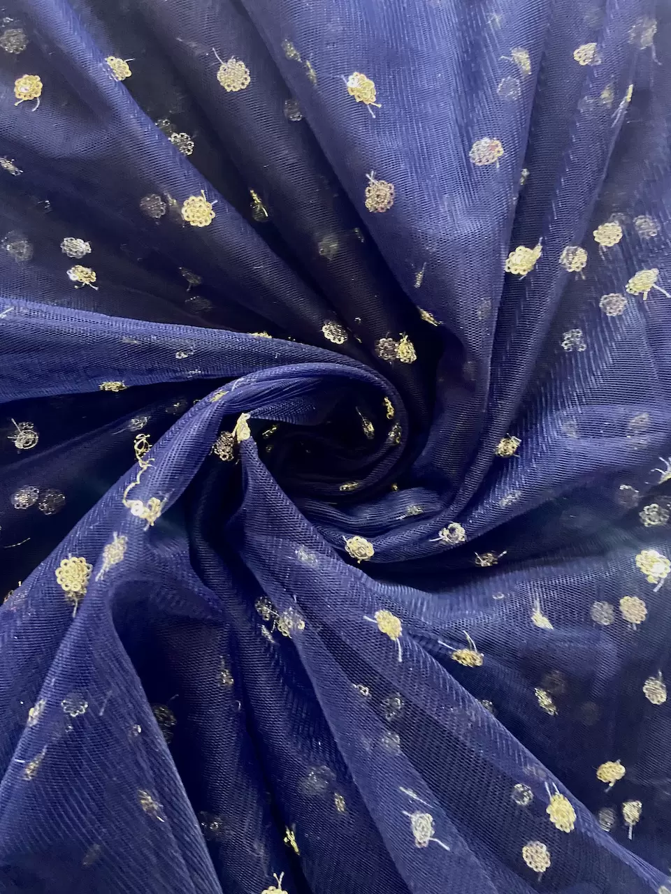 All Over Gold Sequin Buti On Navy Blue Net Fabric