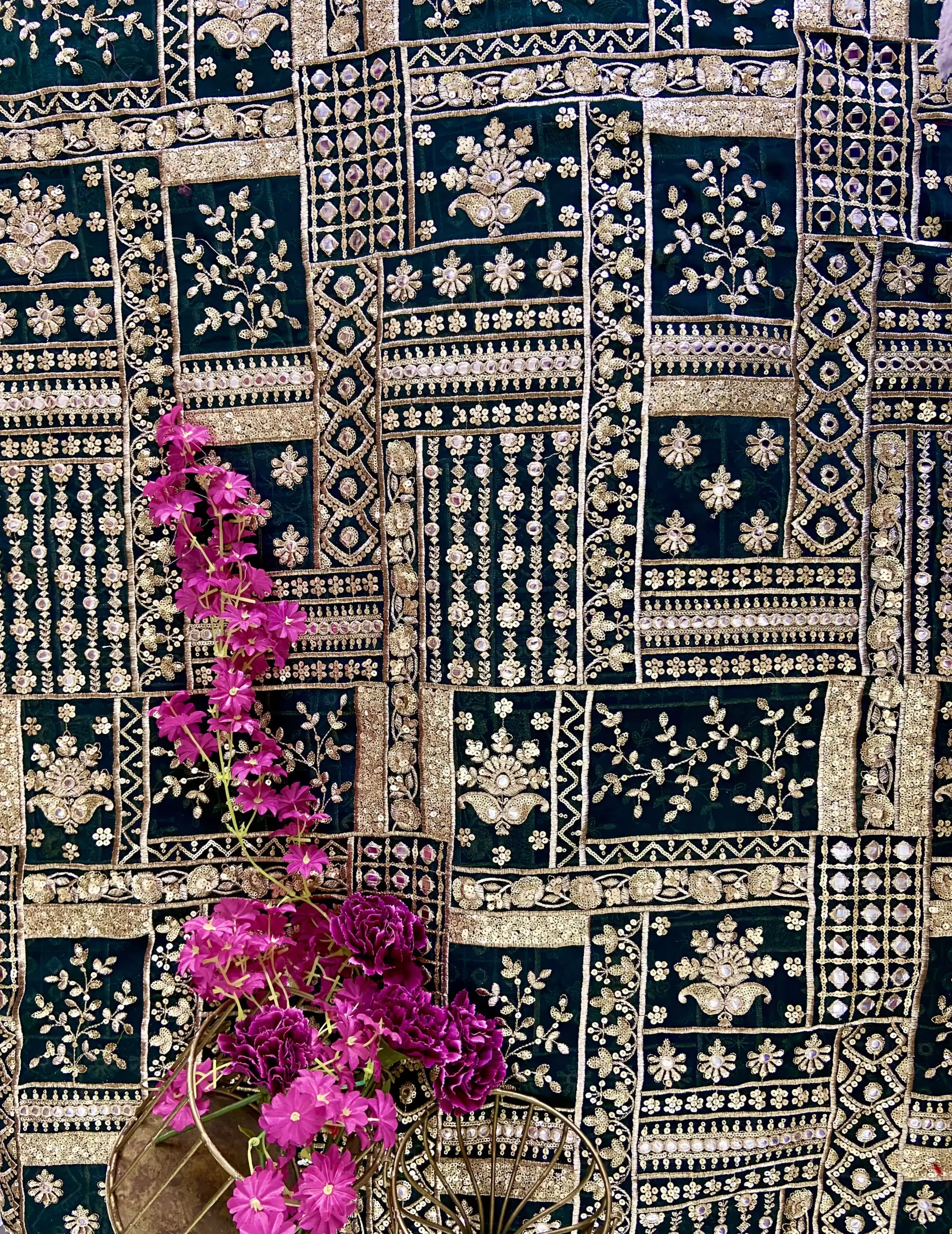 Heavy Gold Zari & Sequin Embroidery on Bottle Green Georgette