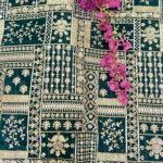 printed georgette fabric | georgette fabric | Heavy Gold Zari & Sequin Embroidery on Bottle Green Georgette