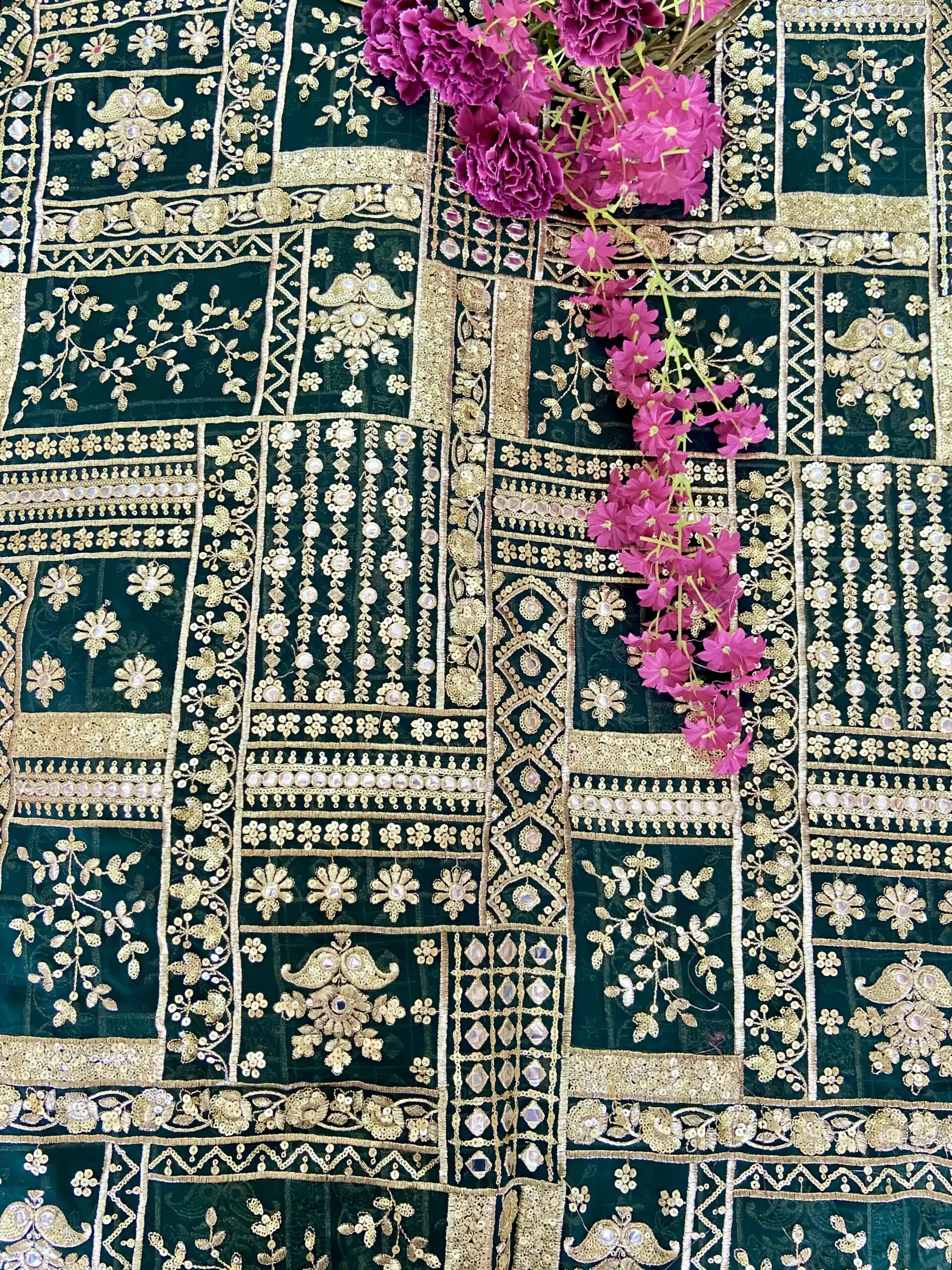 printed georgette fabric | georgette fabric | Heavy Gold Zari & Sequin Embroidery on Bottle Green Georgette