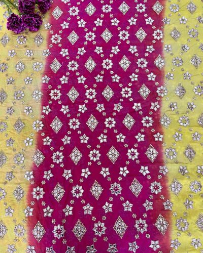 Heavy Gota & Jari Embroidery on Yellow, Pink & Orange Shaded Georgette