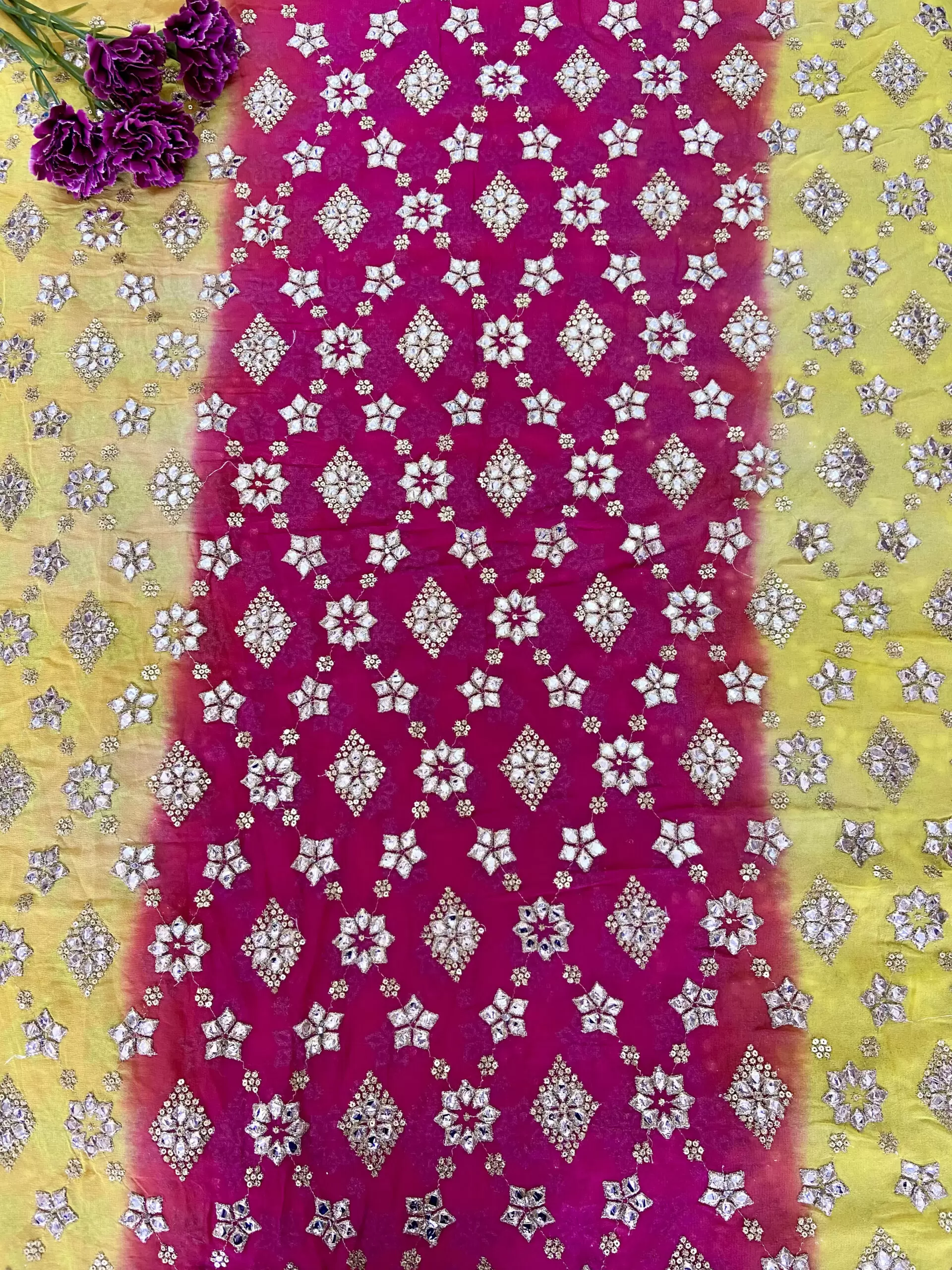 Heavy Gota & Jari Embroidery on Yellow, Pink & Orange Shaded Georgette