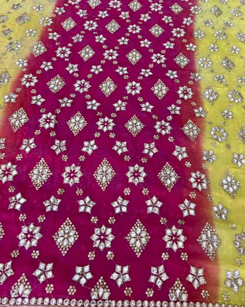 Heavy Gota & Jari Embroidery on Yellow, Pink & Orange Shaded Georgette