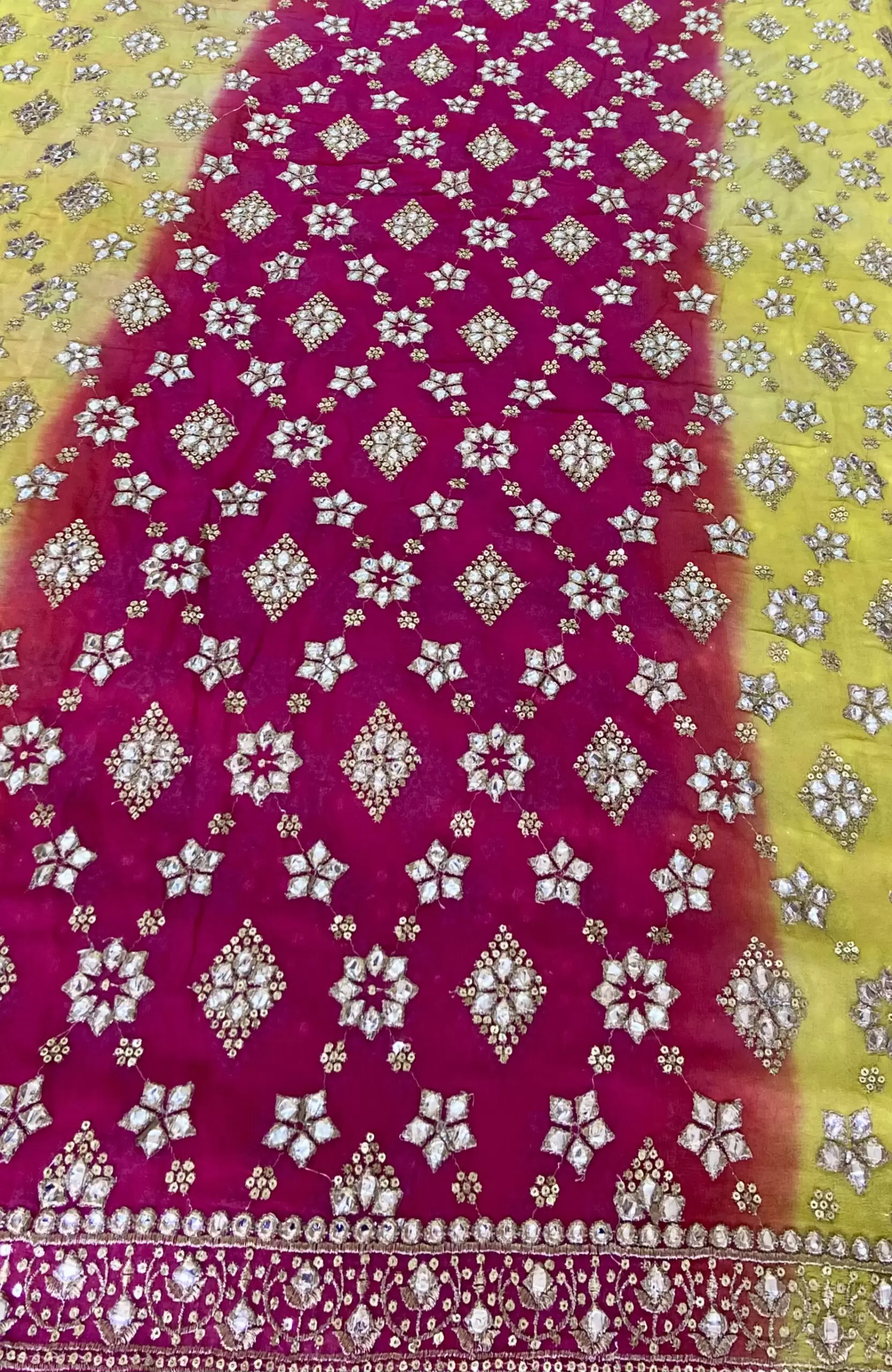 Heavy Gota & Jari Embroidery on Yellow, Pink & Orange Shaded Georgette