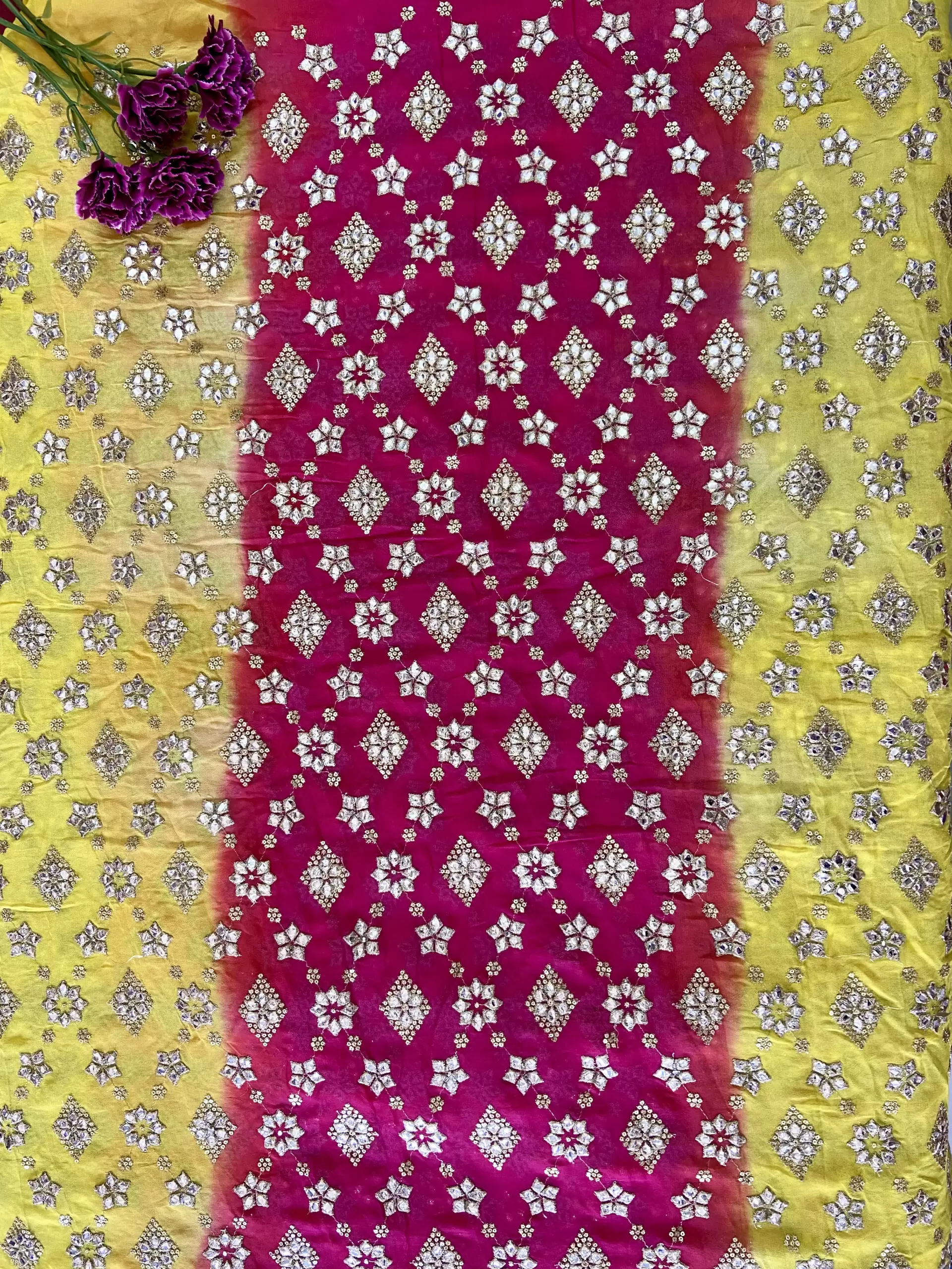 Heavy Gota & Jari Embroidery on Yellow, Pink & Orange Shaded Georgette