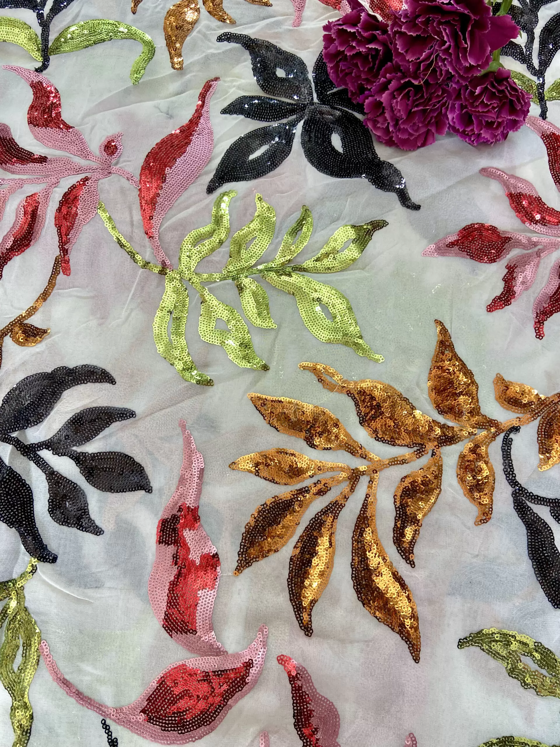 Heavy Floral Multi Colour Sequin Embroidery on White Dyeable Viscose Georgette