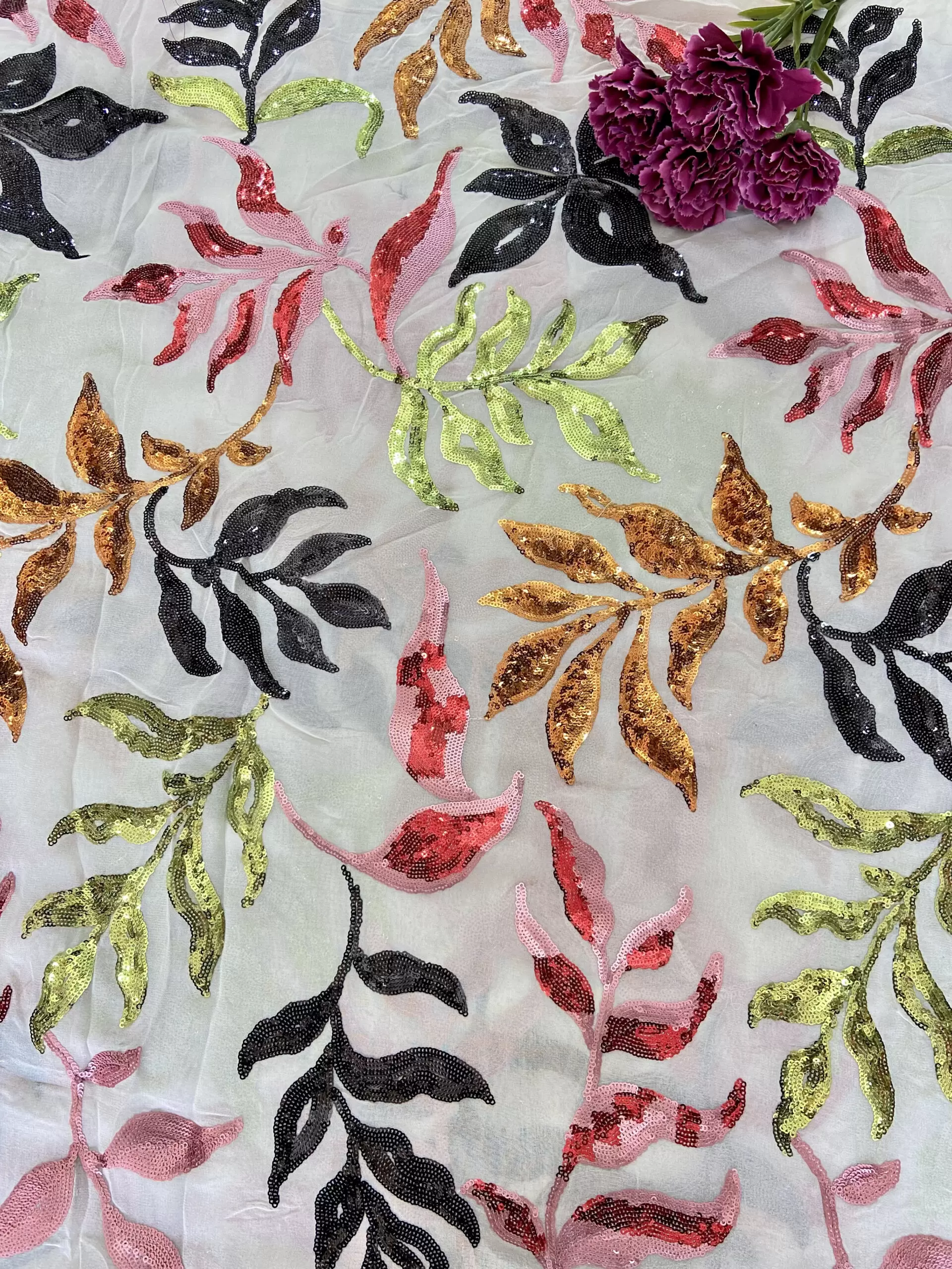 viscose georgette fabric | Heavy Floral Multi Colour Sequin Embroidery on White Dyeable Viscose Georgette