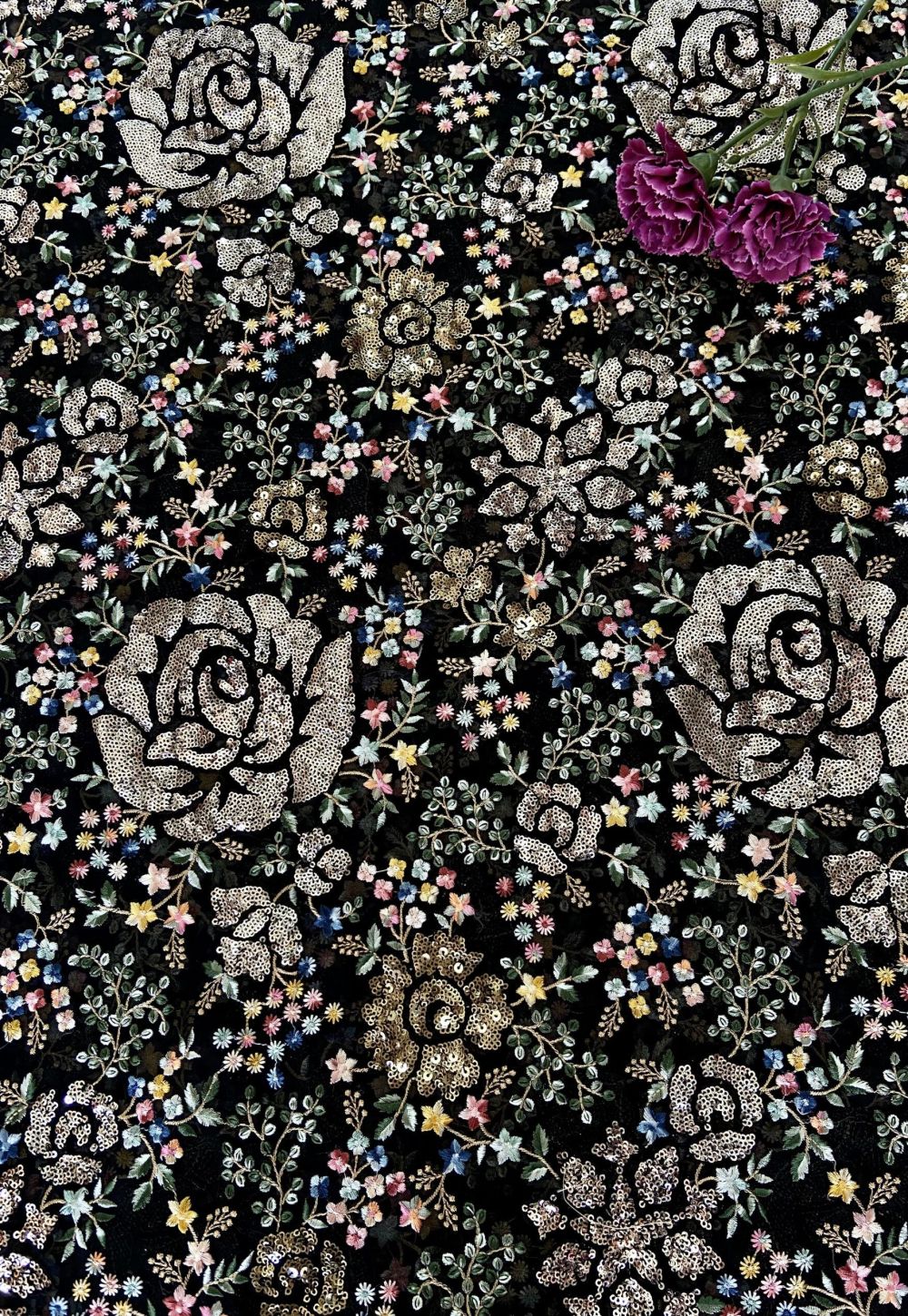 Heavy Floral Multi Colour Thread & Sequin Embroidery on Black Georgette