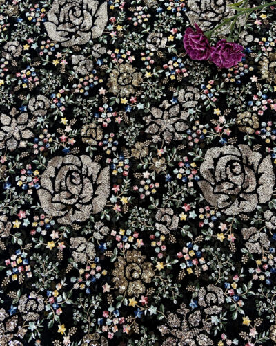 Heavy Floral Multi Colour Thread & Sequin Embroidery on Black Georgette
