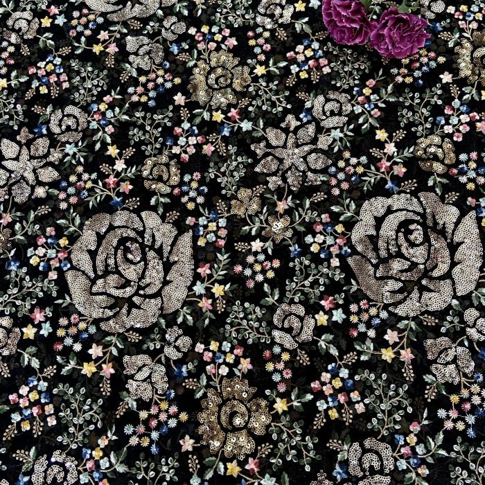 Heavy Floral Multi Colour Thread & Sequin Embroidery on Black Georgette