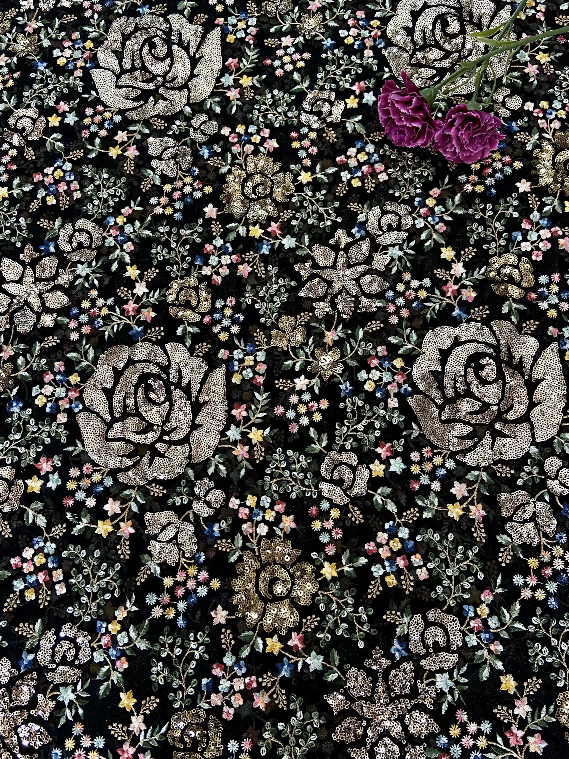 Heavy Floral Multi Colour Thread & Sequin Embroidery on Black Georgette