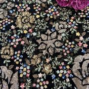 viscose georgette fabric | Heavy Floral Multi Colour Thread & Sequin Embroidery on Black Georgette