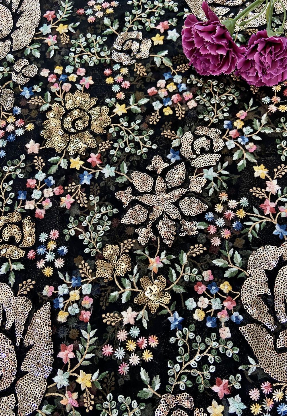 Heavy Floral Multi Colour Thread & Sequin Embroidery on Black Georgette