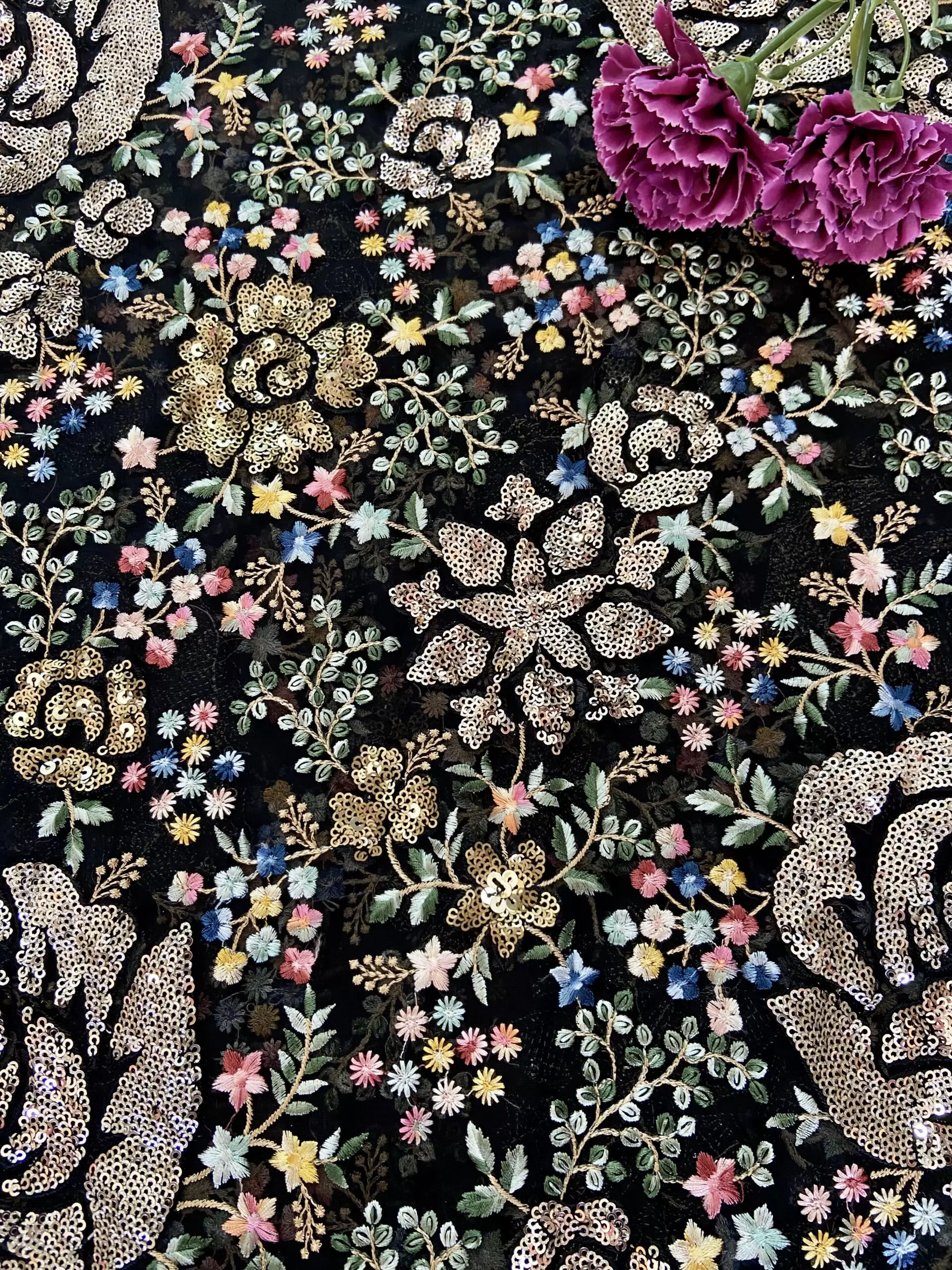 viscose georgette fabric | Heavy Floral Multi Colour Thread & Sequin Embroidery on Black Georgette