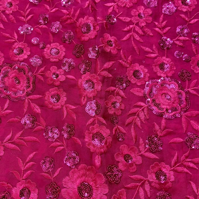 Heavy Floral Thread & Sequin Embroidery on Hot Pink Viscose Georgette