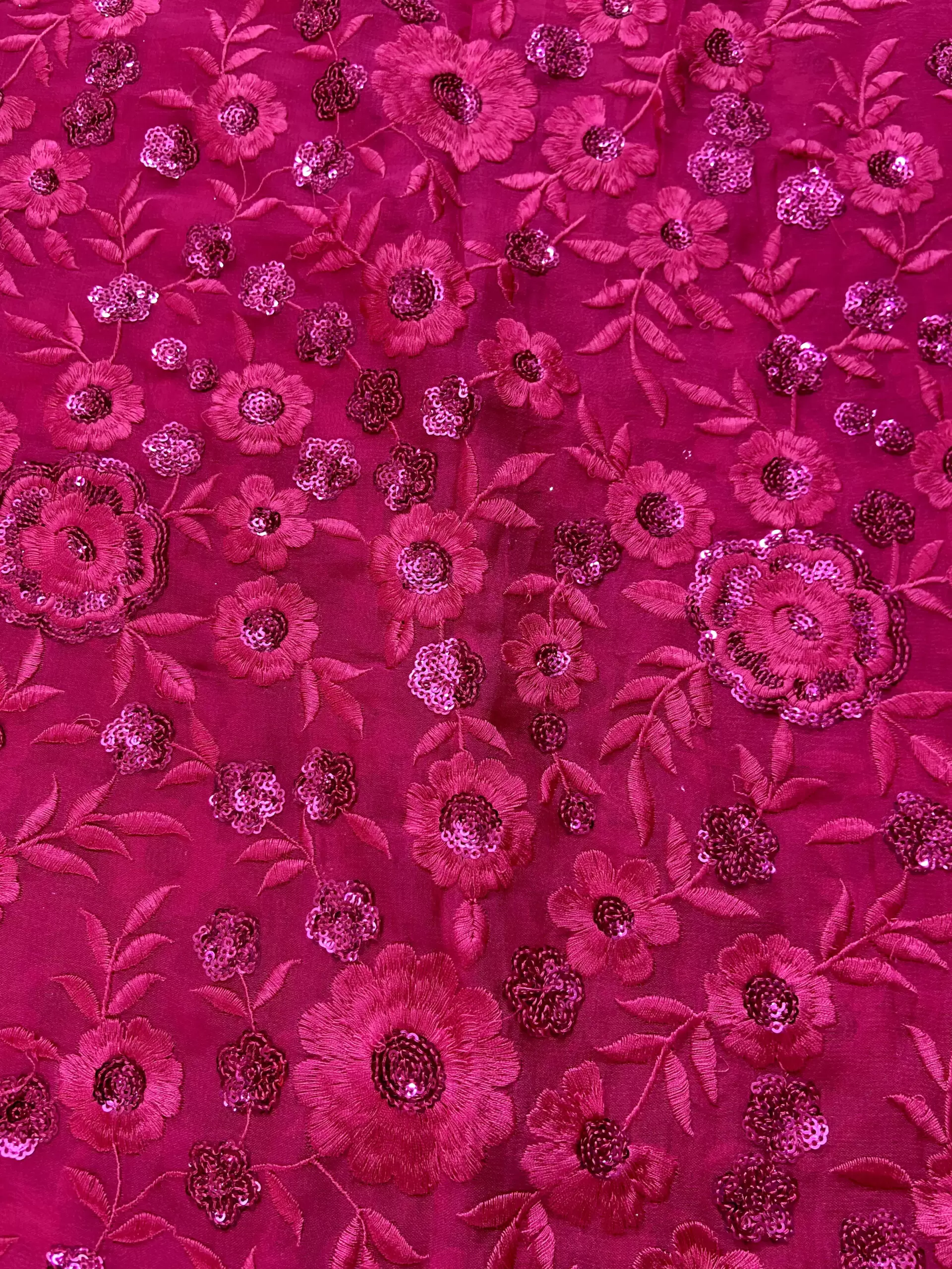 Heavy Floral Thread & Sequin Embroidery on Hot Pink Viscose Georgette