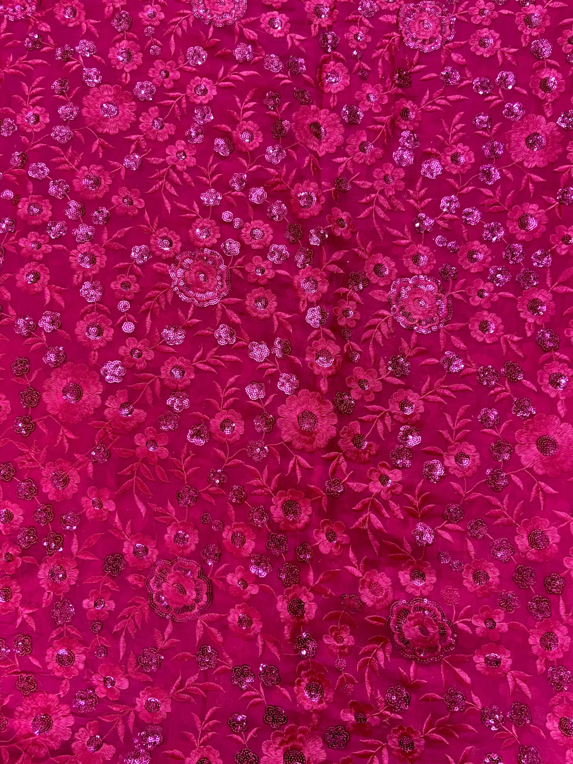 Heavy Floral Thread & Sequin Embroidery on Hot Pink Viscose Georgette