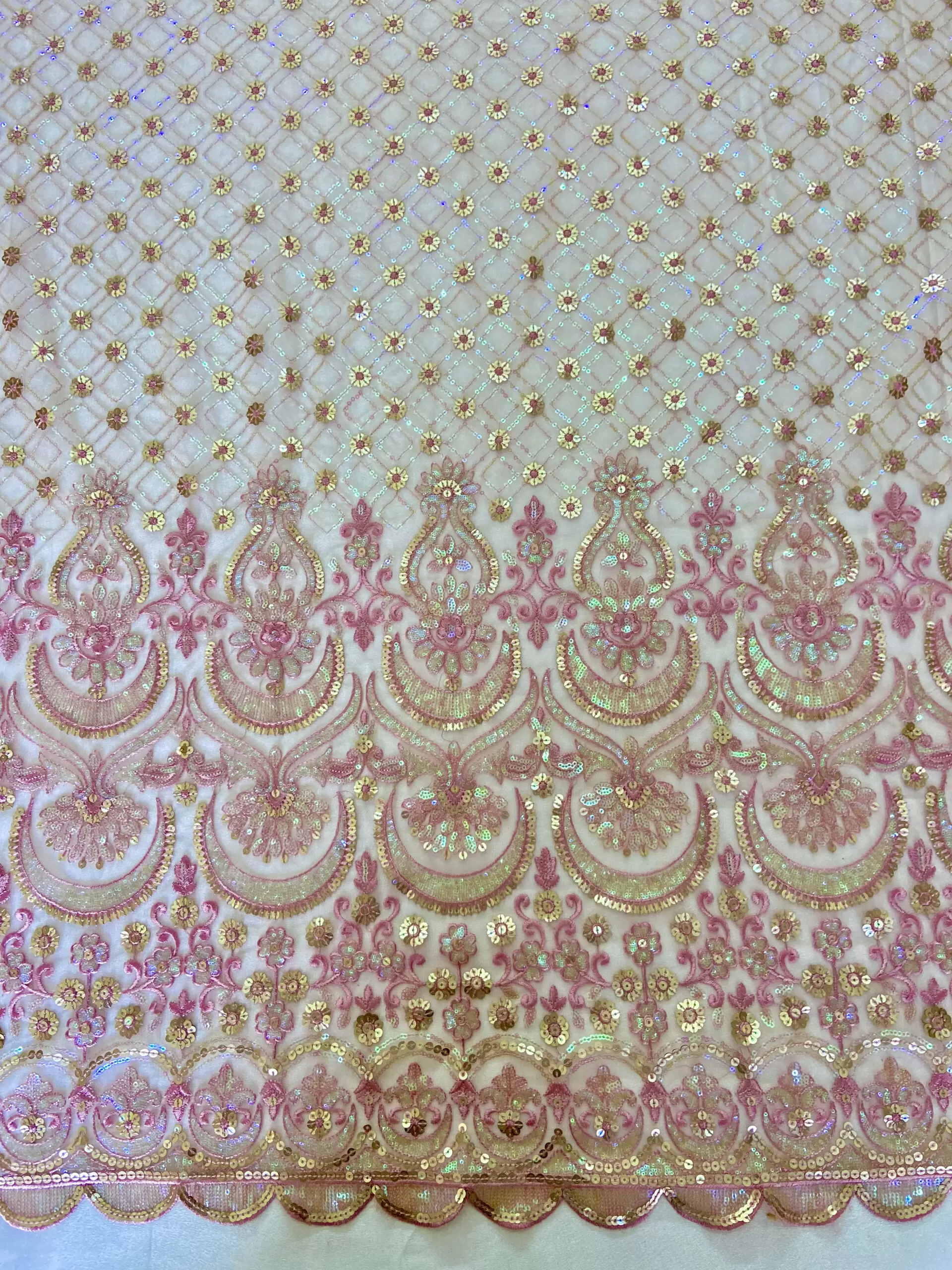 Heavy Sequin & Thread Embroidery on Pink Net Fabric