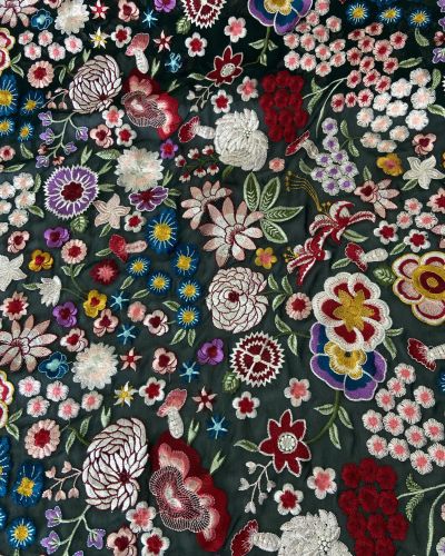 Heavy Floral Thread Embroidery on Bottle Green Georgette Fabric