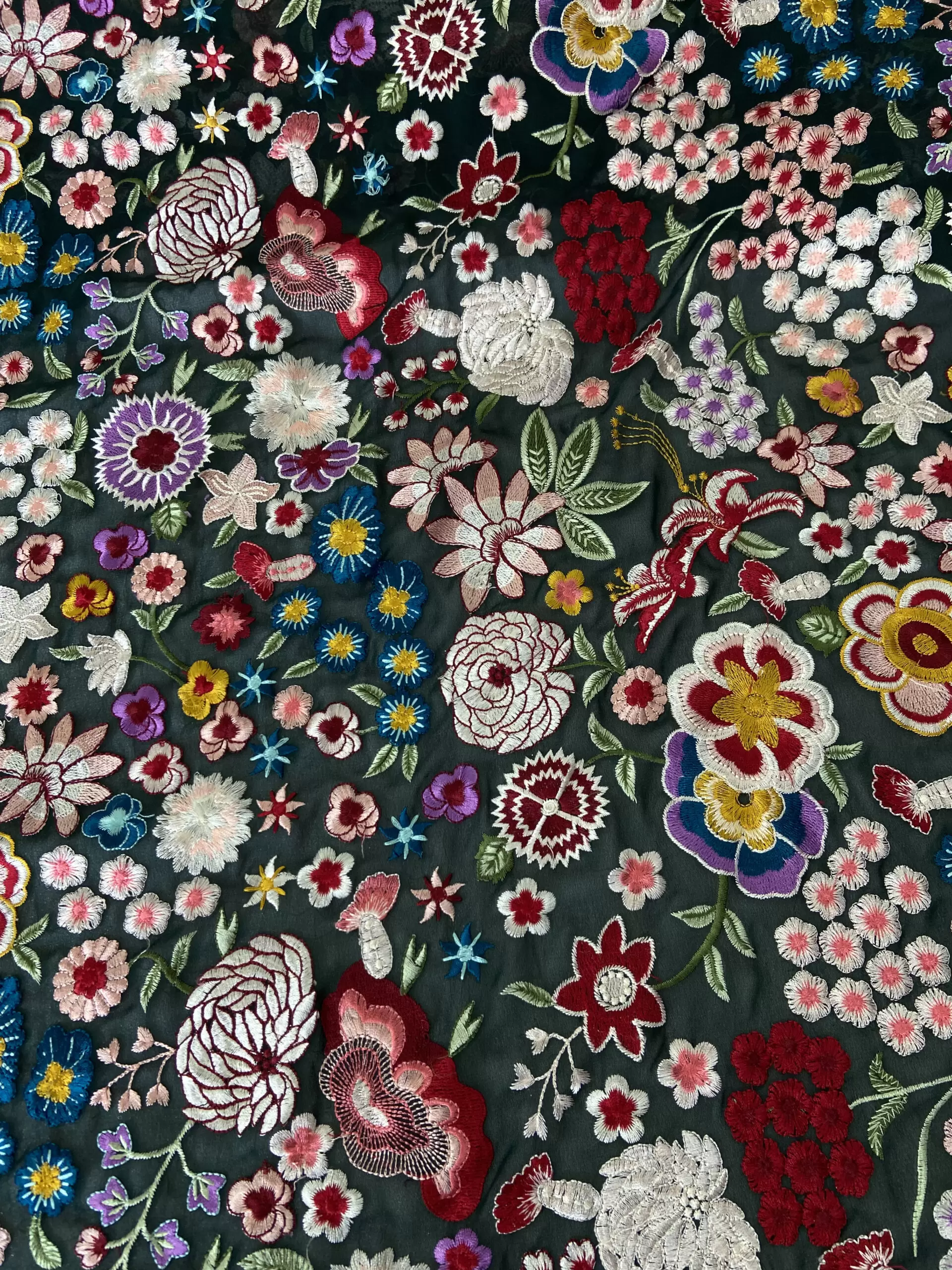 Heavy Floral Thread Embroidery on Bottle Green Georgette Fabric