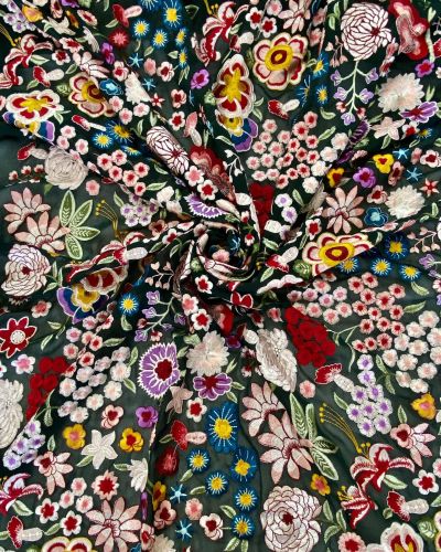 Heavy Floral Thread Embroidery on Bottle Green Georgette Fabric