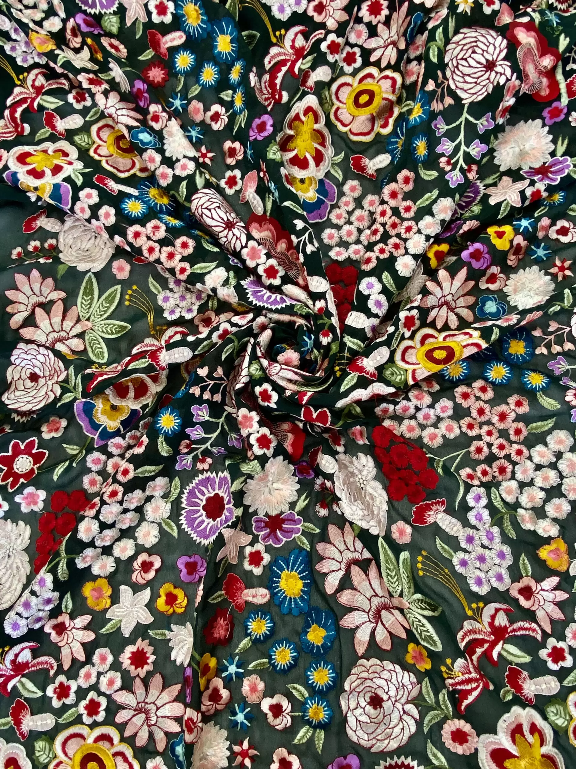 Heavy Floral Thread Embroidery on Bottle Green Georgette Fabric