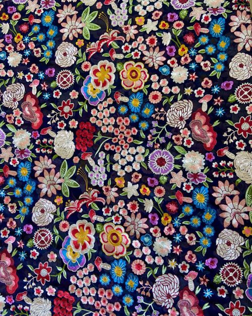 Heavy Floral Thread Embroidery on Navy Blue Georgette fabric