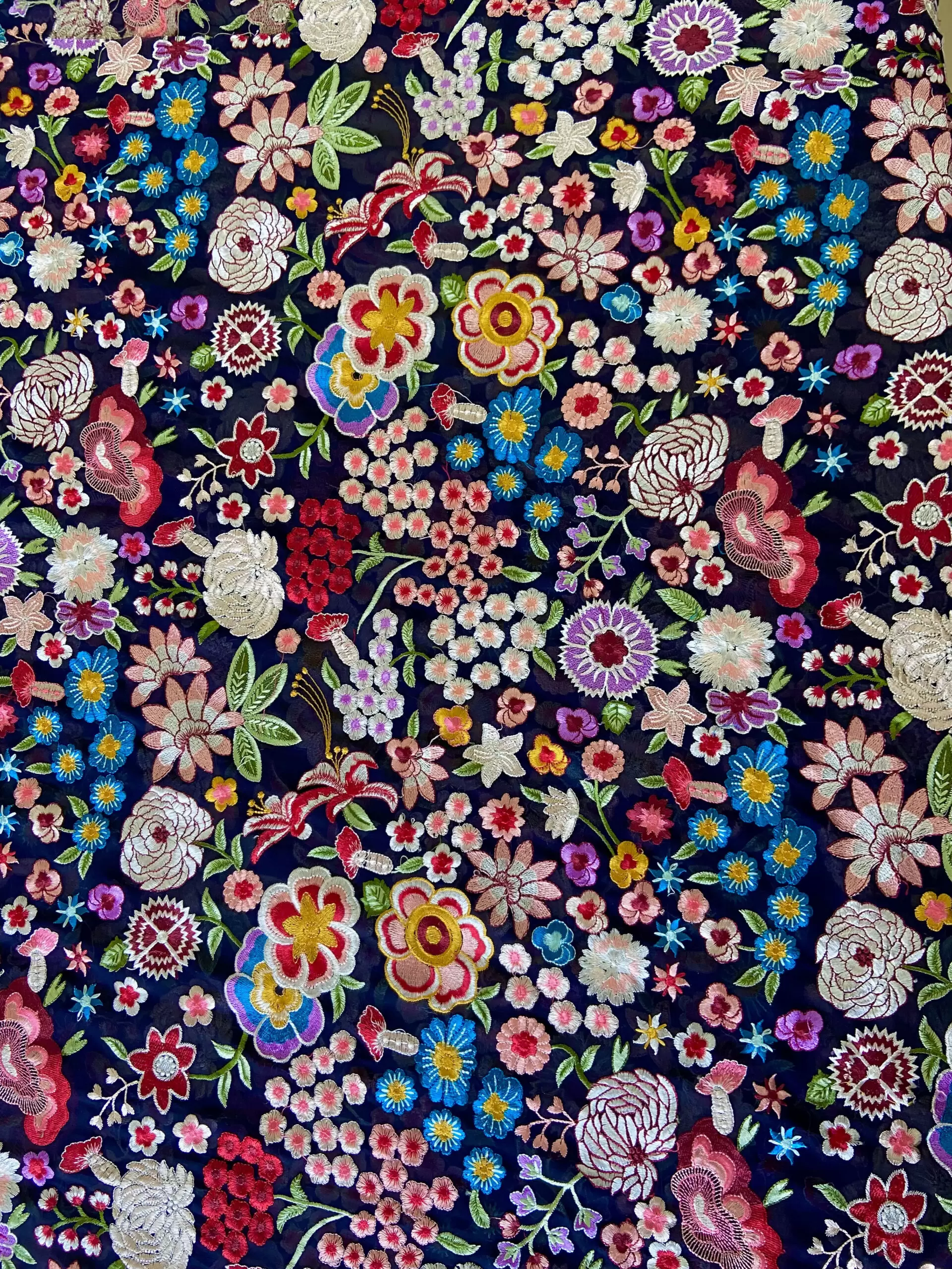 Heavy Floral Thread Embroidery on Navy Blue Georgette fabric