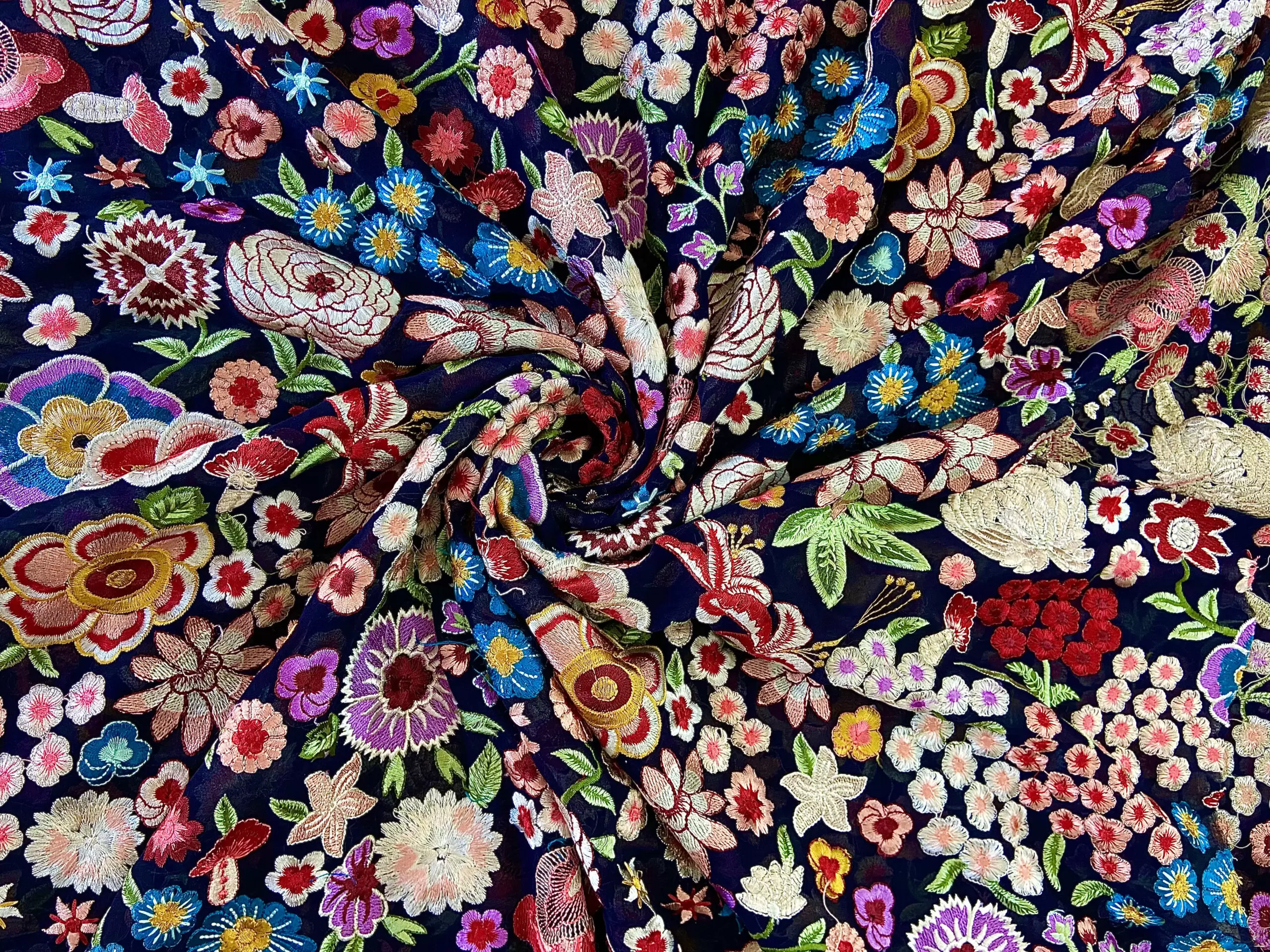 blue georgette fabric | printed silk fabric | Heavy Floral Thread Embroidery on Navy Blue Georgette fabric