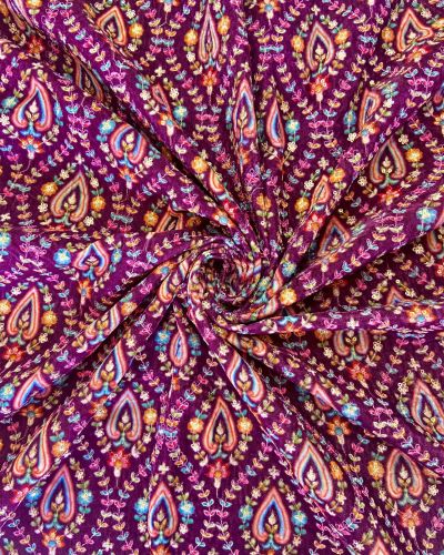 Symmetrical Printed Pattern with Dori & Sequin Embroidery on Magenta Velvet Fabric