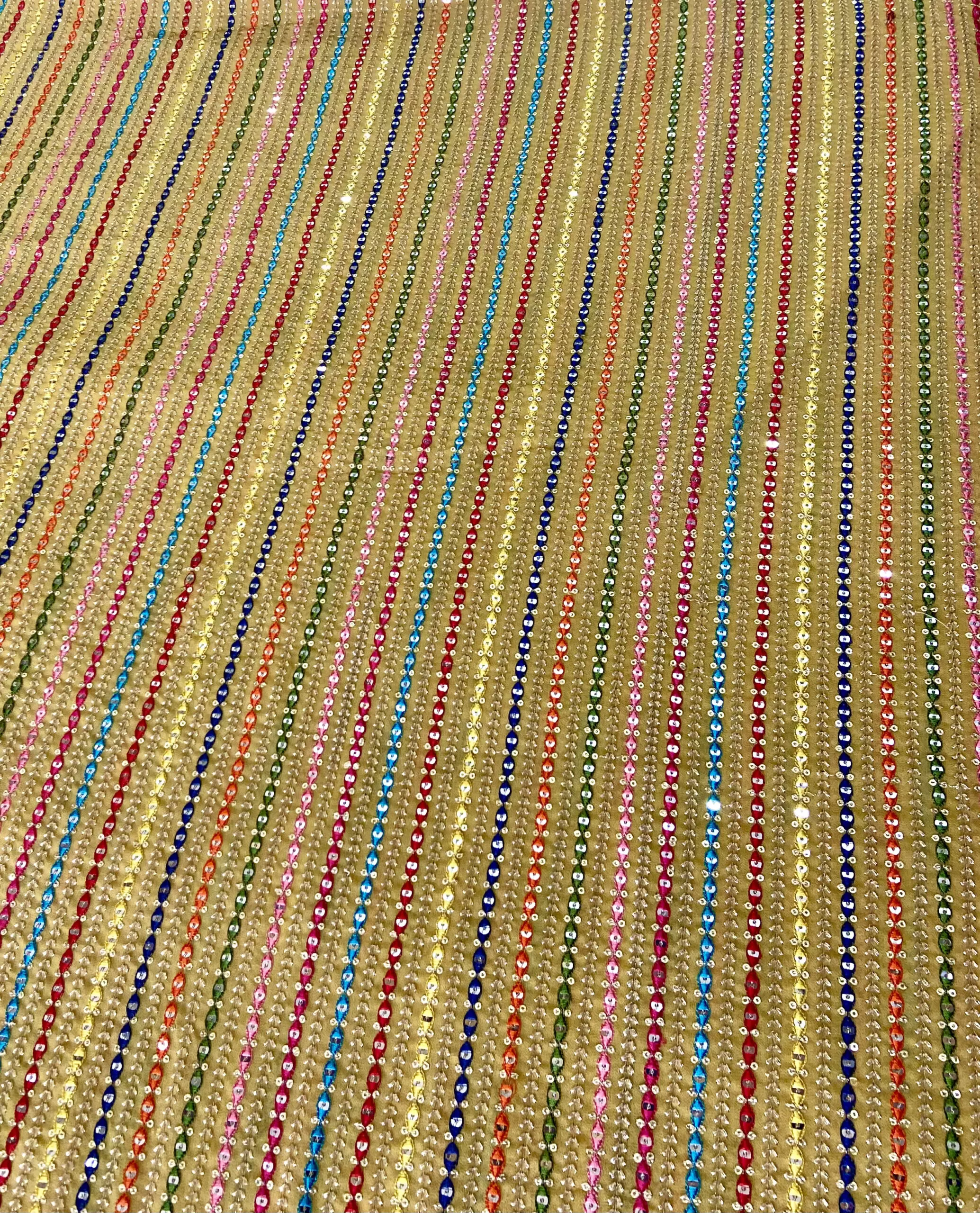 Stripe Design Multi Coloured Thread & Sequin Embroidery on Ochre Yellow Georgette Fabric