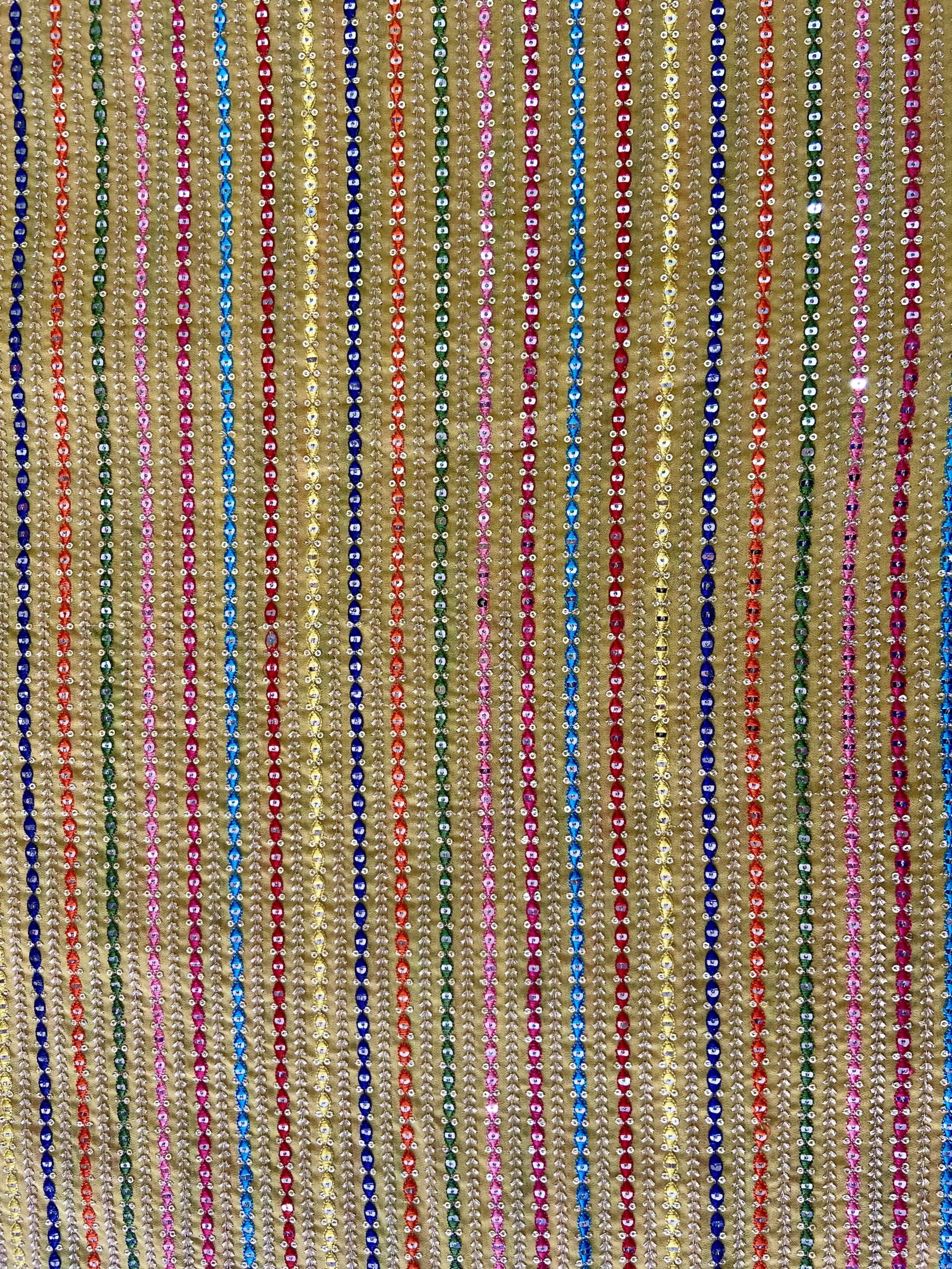 Stripe Design Multi Coloured Thread & Sequin Embroidery on Ochre Yellow Georgette Fabric