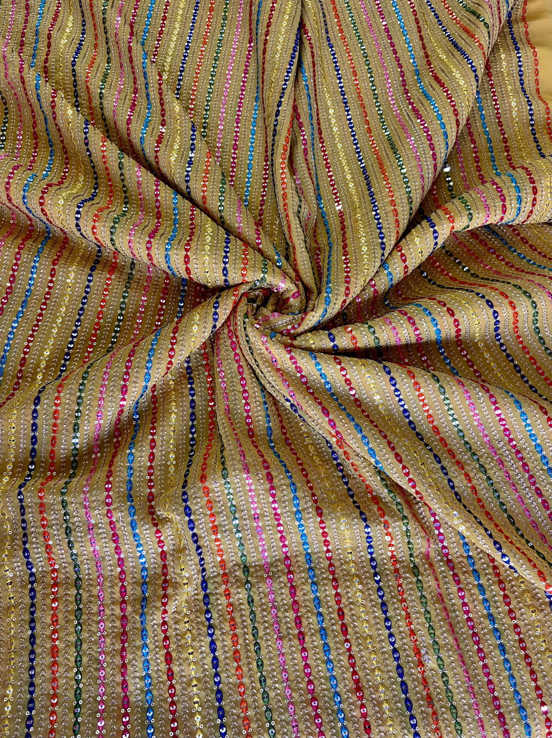 Stripe Design Multi Coloured Thread & Sequin Embroidery on Ochre Yellow Georgette Fabric