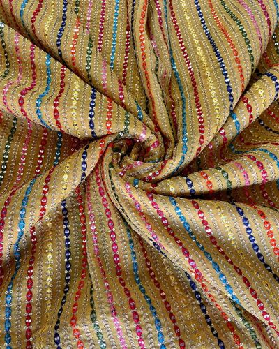 Stripe Design Multi Coloured Thread & Sequin Embroidery on Ochre Yellow Georgette Fabric