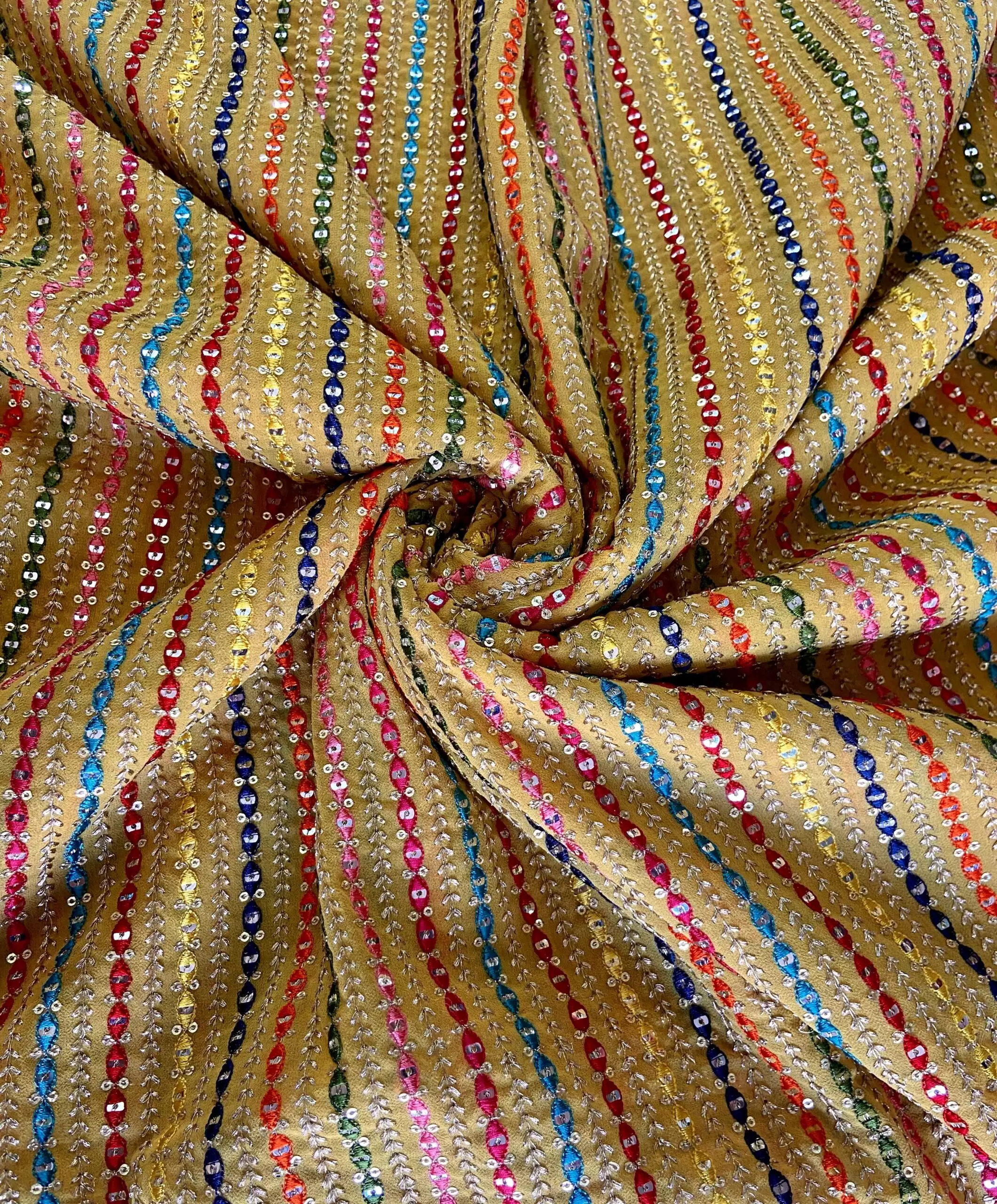 yellow georgette fabric | shimmer fabric | Stripe Design Multi Coloured Thread & Sequin Embroidery on Ochre Yellow Georgette Fabric