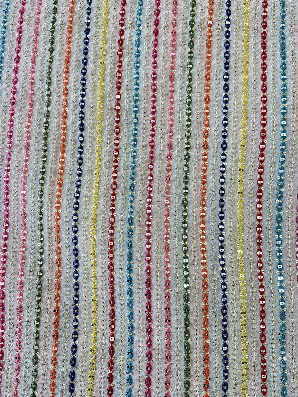 Stripe Design Multi Coloured Thread & Sequin Embroidery on White Dyeable Georgette
