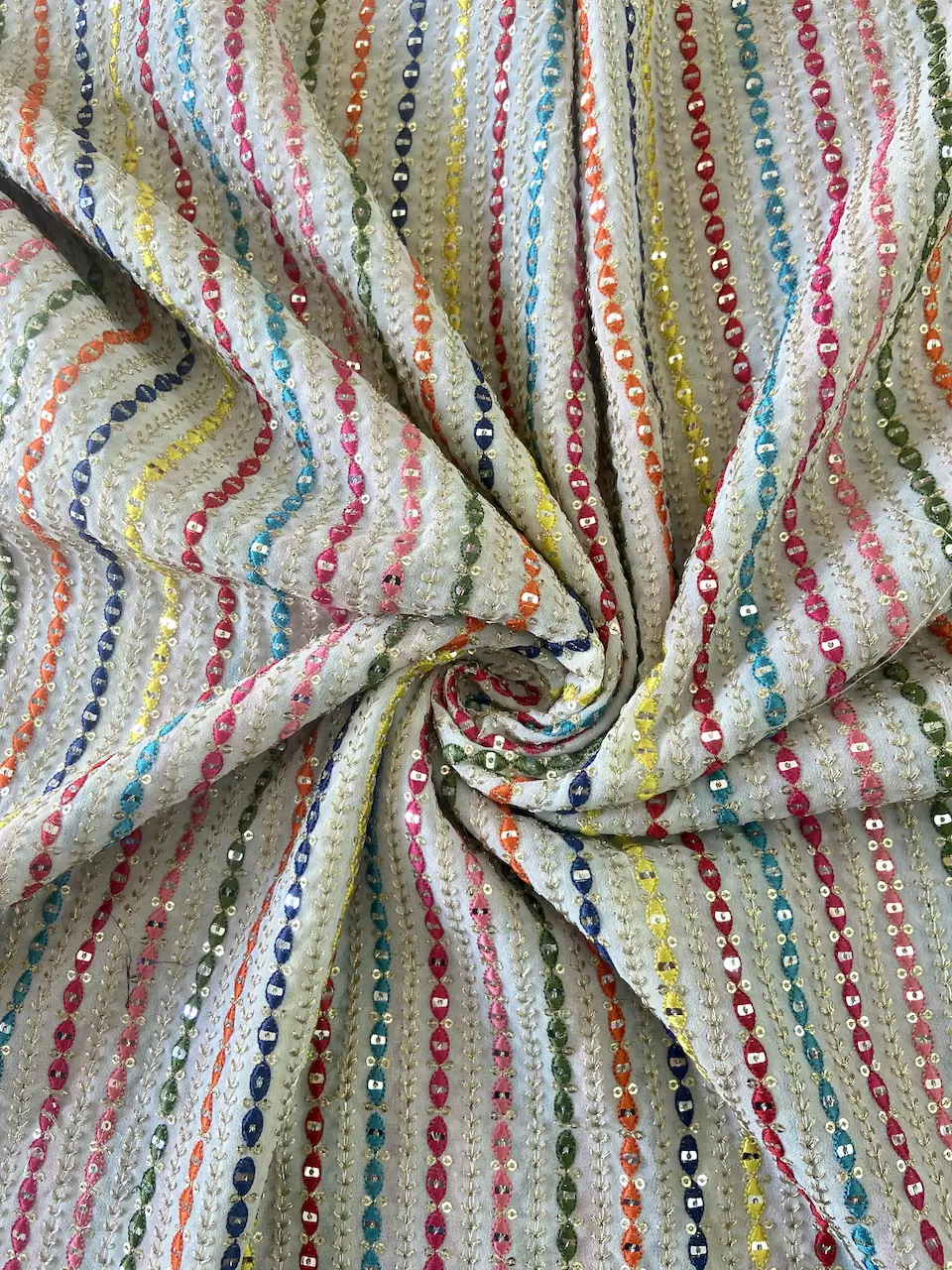 Stripe Design Multi Coloured Thread & Sequin Embroidery on White Dyeable Georgette