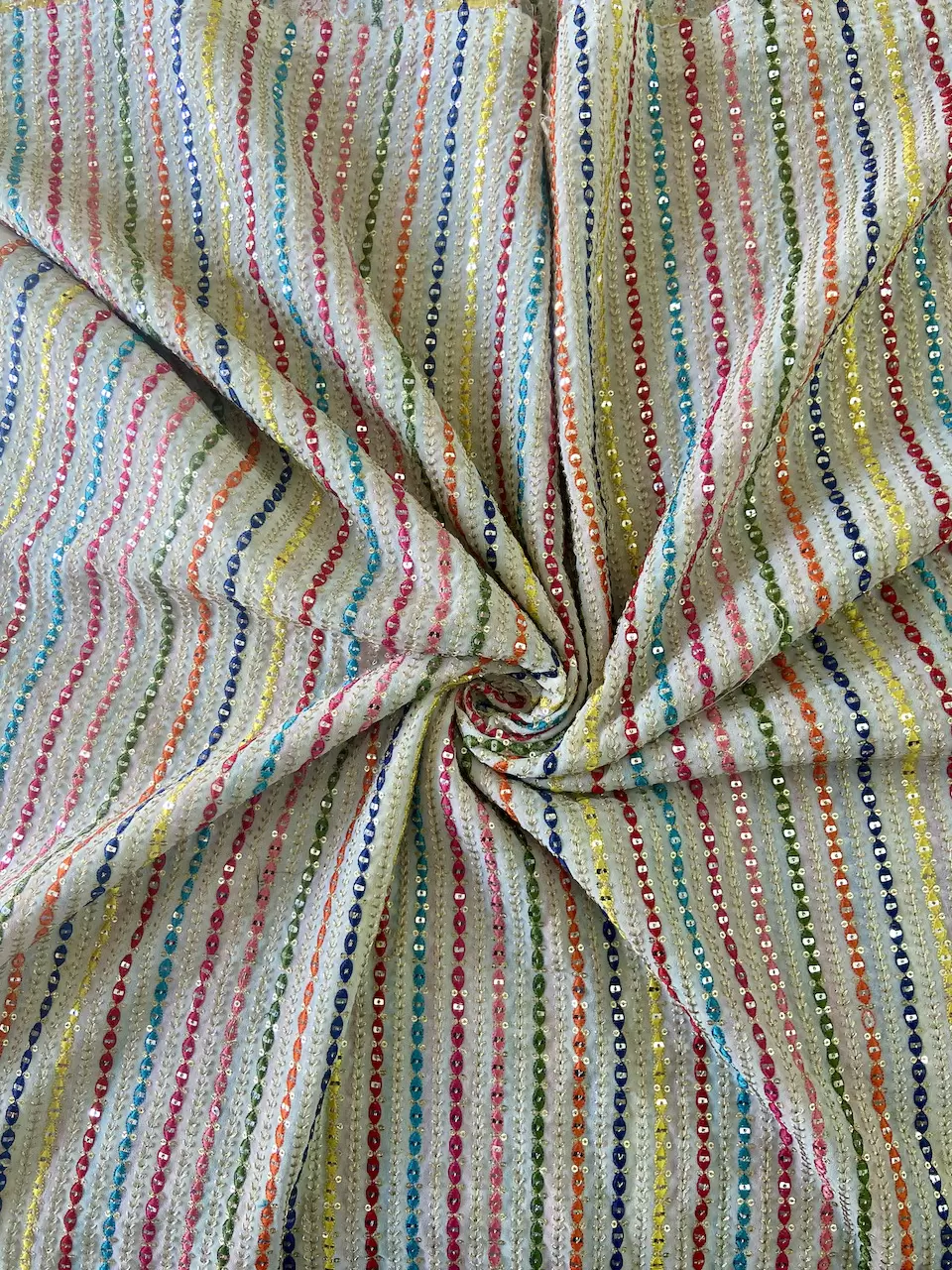 Stripe Design Multi Coloured Thread & Sequin Embroidery on White Dyeable Georgette