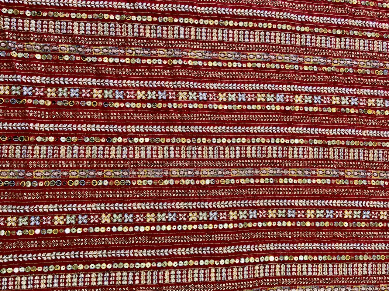 Stripe Design Multi Coloured Thread & Sequin Embroidery on Red Georgette