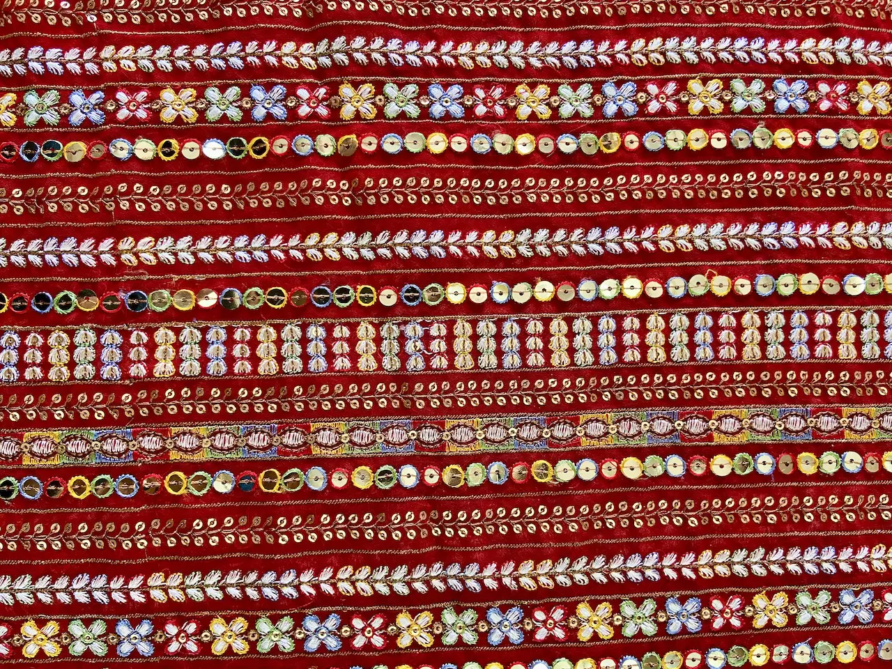 Stripe Design Multi Coloured Thread & Sequin Embroidery on Red Georgette