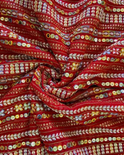 Stripe Design Multi Coloured Thread & Sequin Embroidery on Red Georgette
