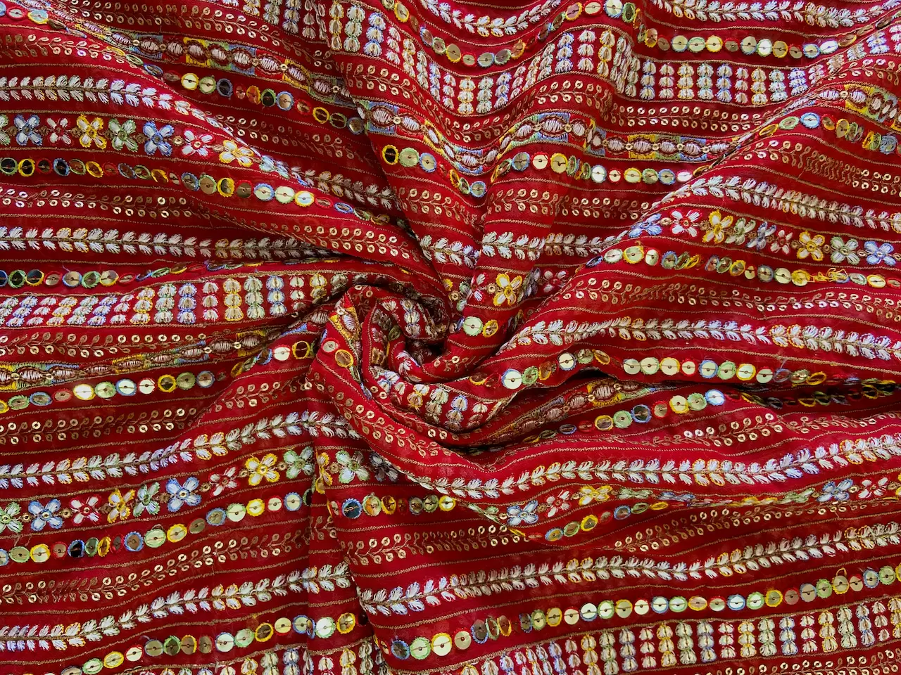 georgette fabric | navy blue net fabric | Stripe Design Multi Coloured Thread & Sequin Embroidery on Red Georgette