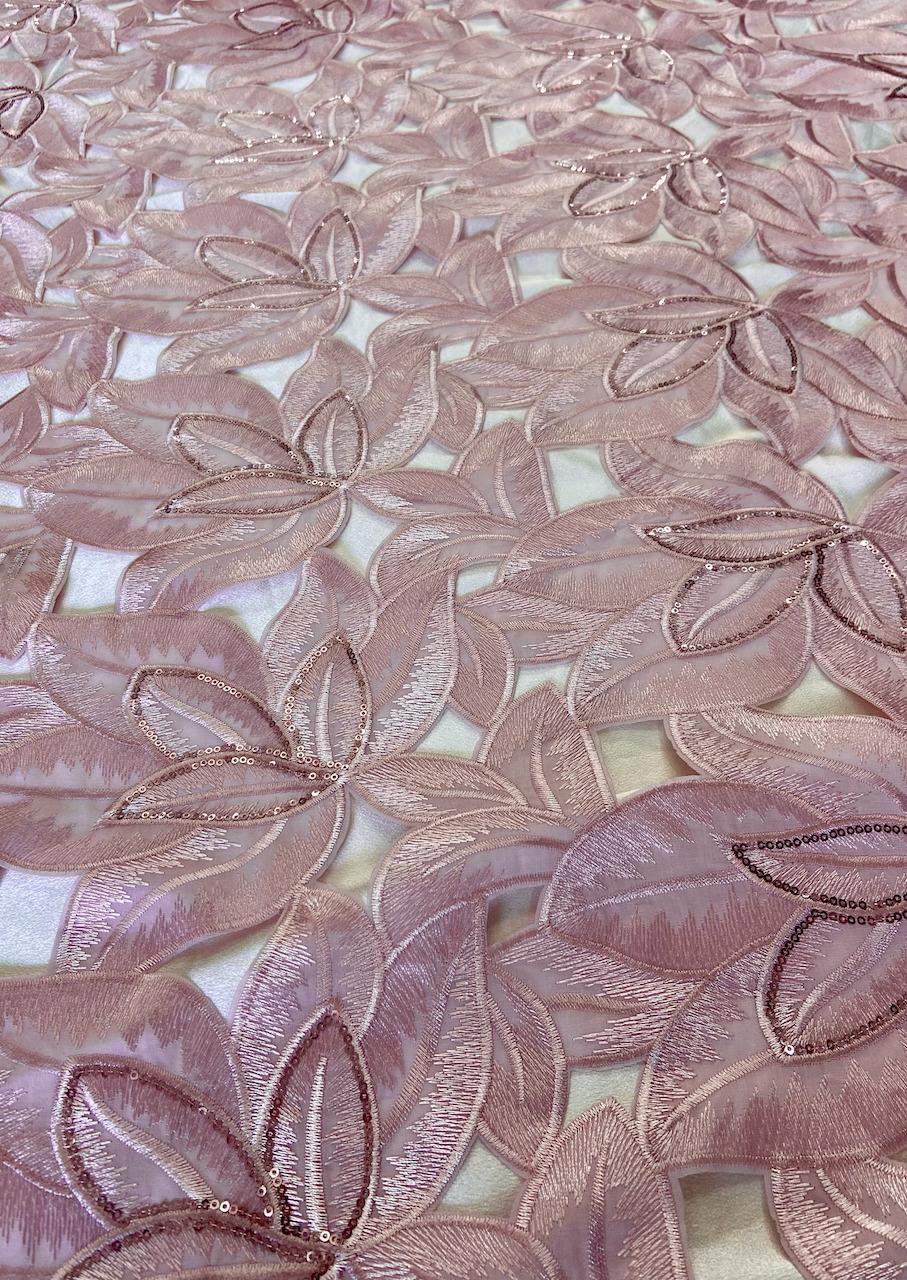 Cut work Leaf Design Imported fabric with Thread & Sequin Embroidery on Pink Cotton Fabric