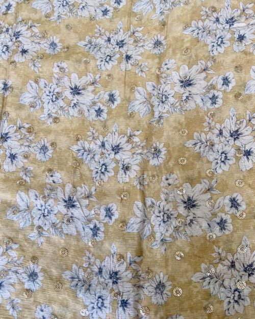 Chinon Floral Printed Yellow Gold Fabric With Sequin Buti All Over