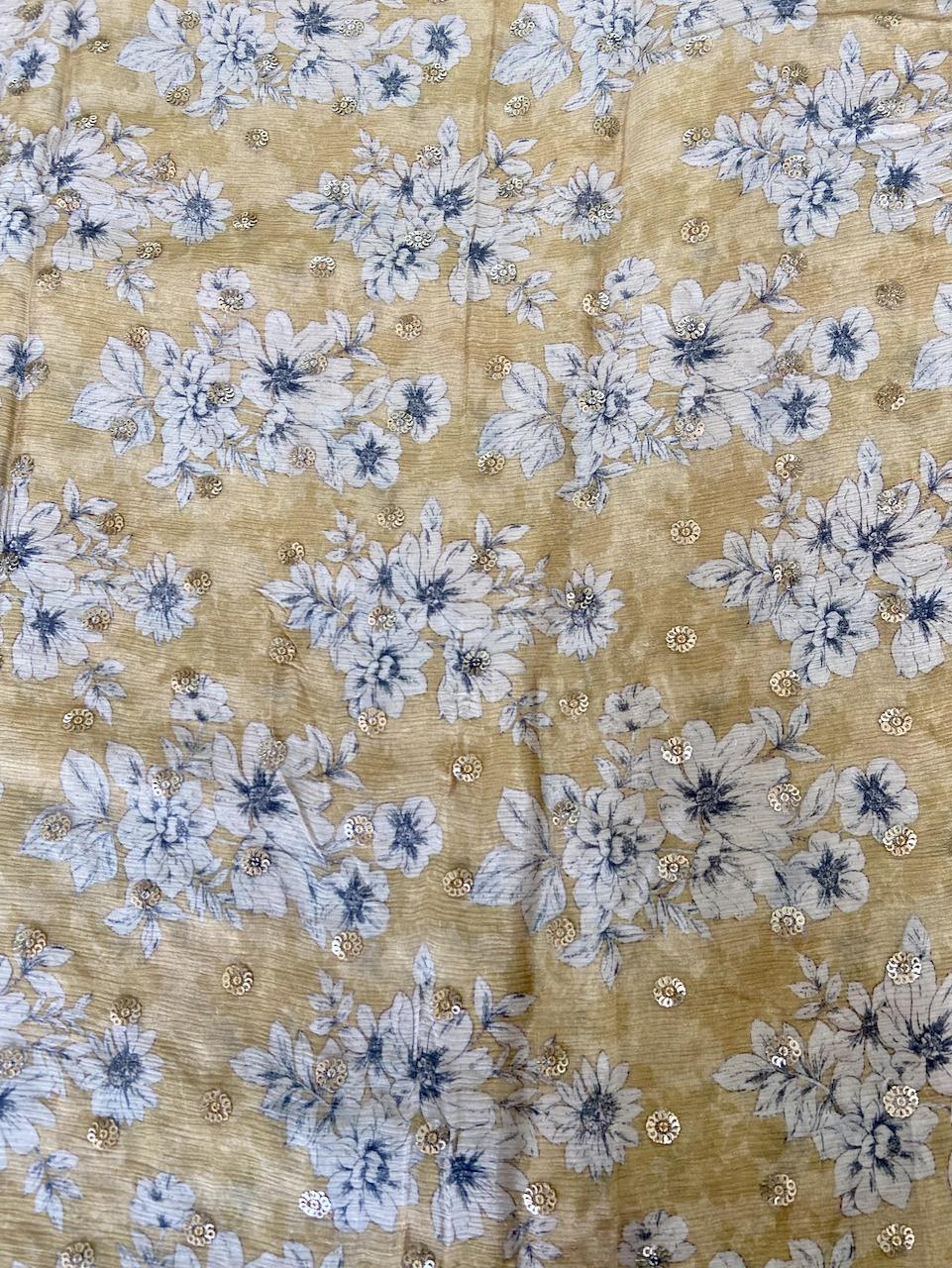 Chinon Floral Printed Yellow Gold Fabric With Sequin Buti All Over