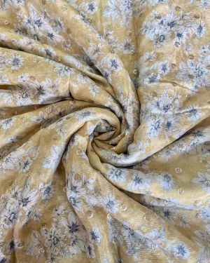 Chinon Floral Printed Yellow Gold Fabric With Sequin Buti All Over