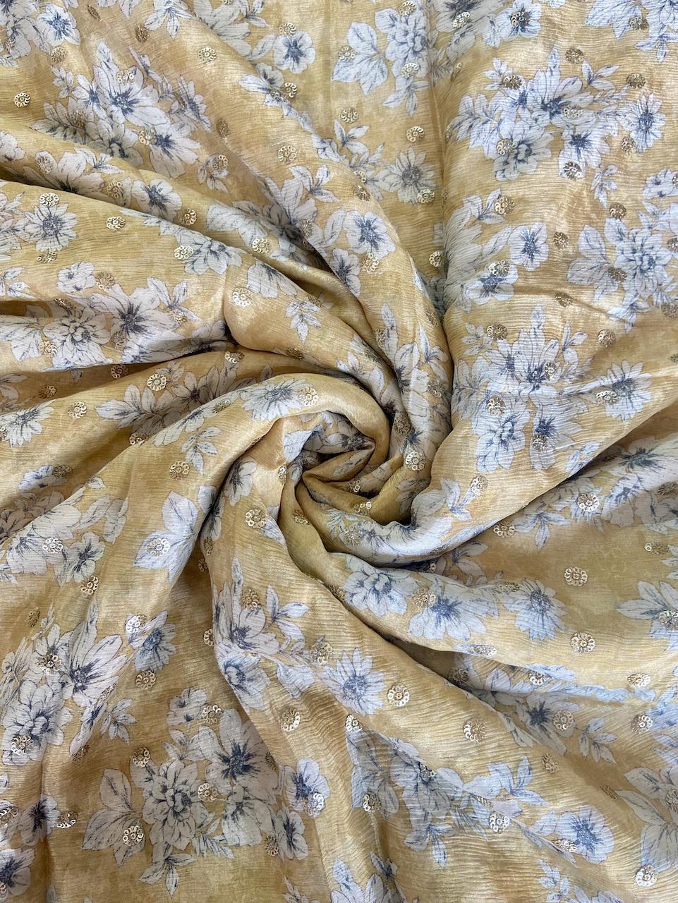 Chinon Floral Printed Yellow Gold Fabric With Sequin Buti All Over