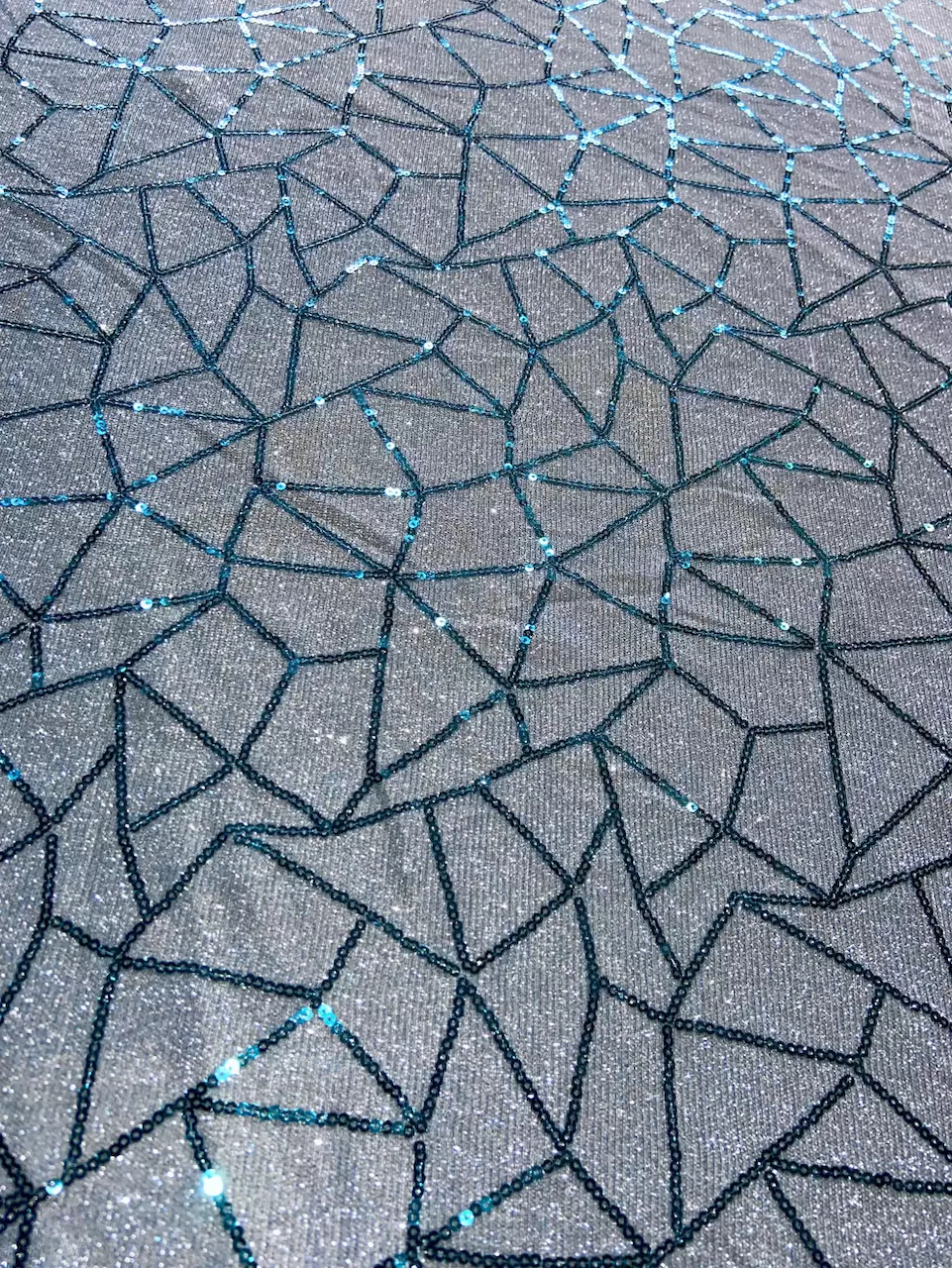 Big Width Sky Blue Lycra Shimmer Fabric with Abstract Sequin Pattern