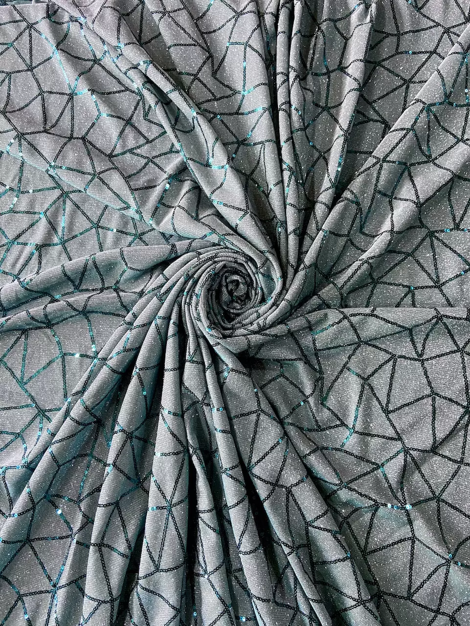 Big Width Sky Blue Lycra Shimmer Fabric with Abstract Sequin Pattern