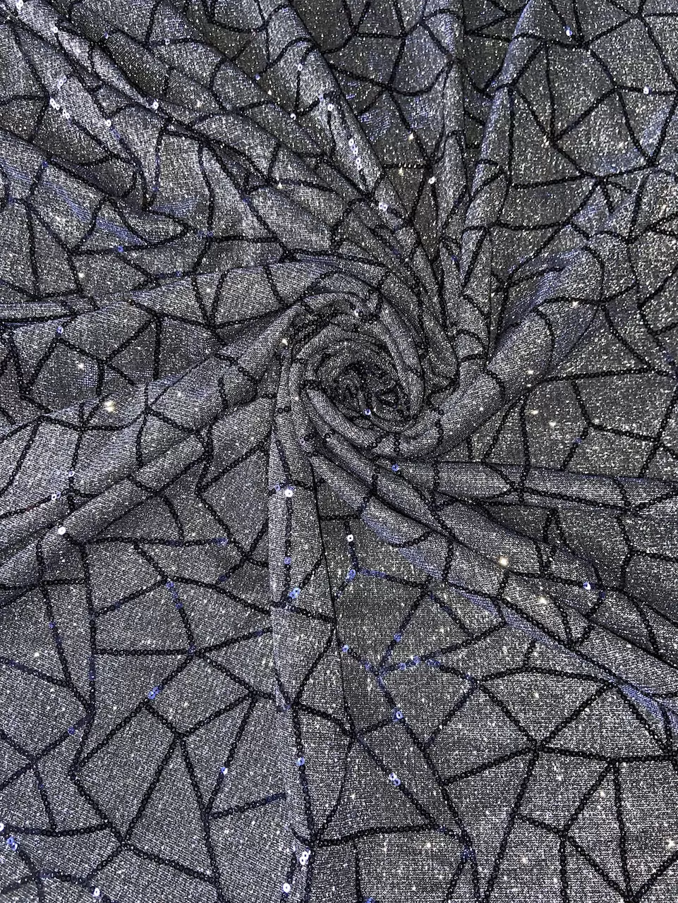 Big Width Midnight Blue Lycra Shimmer Fabric with Abstract Sequin Pattern